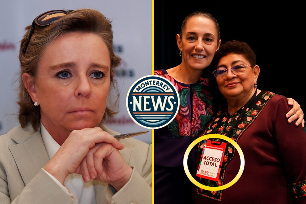 Imagen dividida por una línea amarilla vertical: a la izquierda, María Amparo Casar con gesto serio durante un evento público; a la derecha, Claudia Sheinbaum y Ernestina Godoy posan sonrientes abrazadas en un acto político.