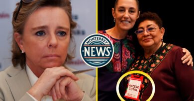 Imagen dividida por una línea amarilla vertical: a la izquierda, María Amparo Casar con gesto serio durante un evento público; a la derecha, Claudia Sheinbaum y Ernestina Godoy posan sonrientes abrazadas en un acto político.