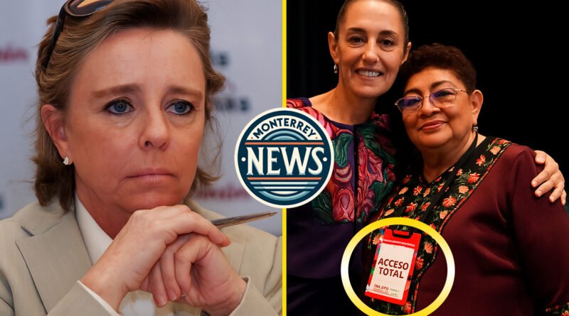 Imagen dividida por una línea amarilla vertical: a la izquierda, María Amparo Casar con gesto serio durante un evento público; a la derecha, Claudia Sheinbaum y Ernestina Godoy posan sonrientes abrazadas en un acto político.