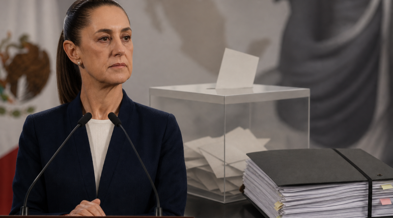 Representación editorial generada con IA sobre ¿Sería espuria la elección de Claudia Sheinbaum si se comprobara dinero del narco? Esto dice la ley y lo que sí está doc.