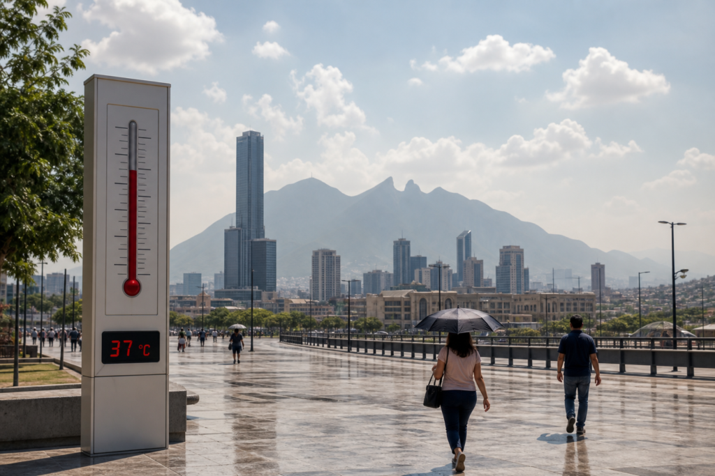 Representación editorial generada con IA sobre NL refuerza vigilancia ante calor de hasta 37 °C en Monterrey este miércoles.