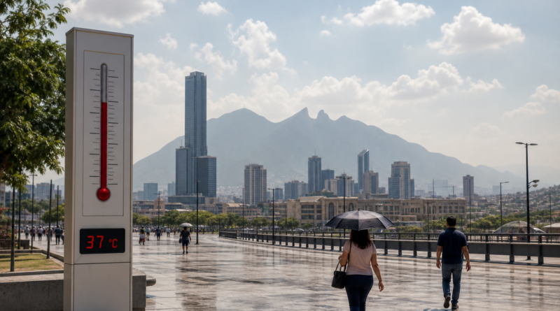 Representación editorial generada con IA sobre NL refuerza vigilancia ante calor de hasta 37 °C en Monterrey este miércoles.