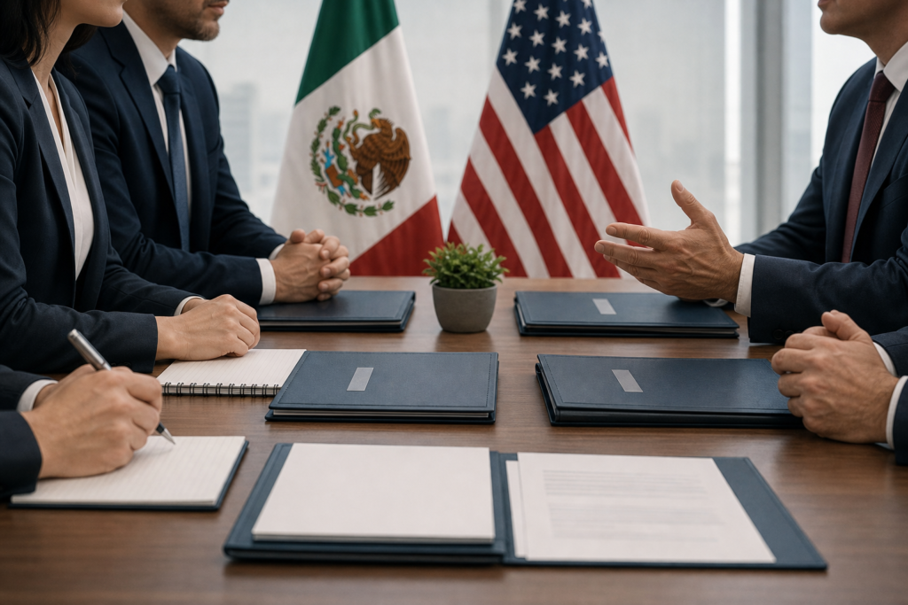 Representación editorial generada con IA sobre México aprieta tuercas en la revisión del T‑MEC; el diálogo con EUA entra en fase de cierre.