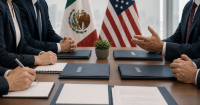 Representación editorial generada con IA sobre México aprieta tuercas en la revisión del T‑MEC; el diálogo con EUA entra en fase de cierre.