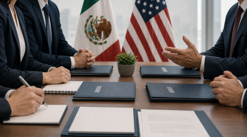 Representación editorial generada con IA sobre México aprieta tuercas en la revisión del T‑MEC; el diálogo con EUA entra en fase de cierre.