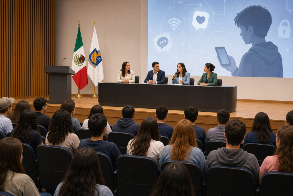 Representación editorial generada con IA sobre Arranca en Nuevo León el foro regional que perfila regulación de redes sociales para menores.