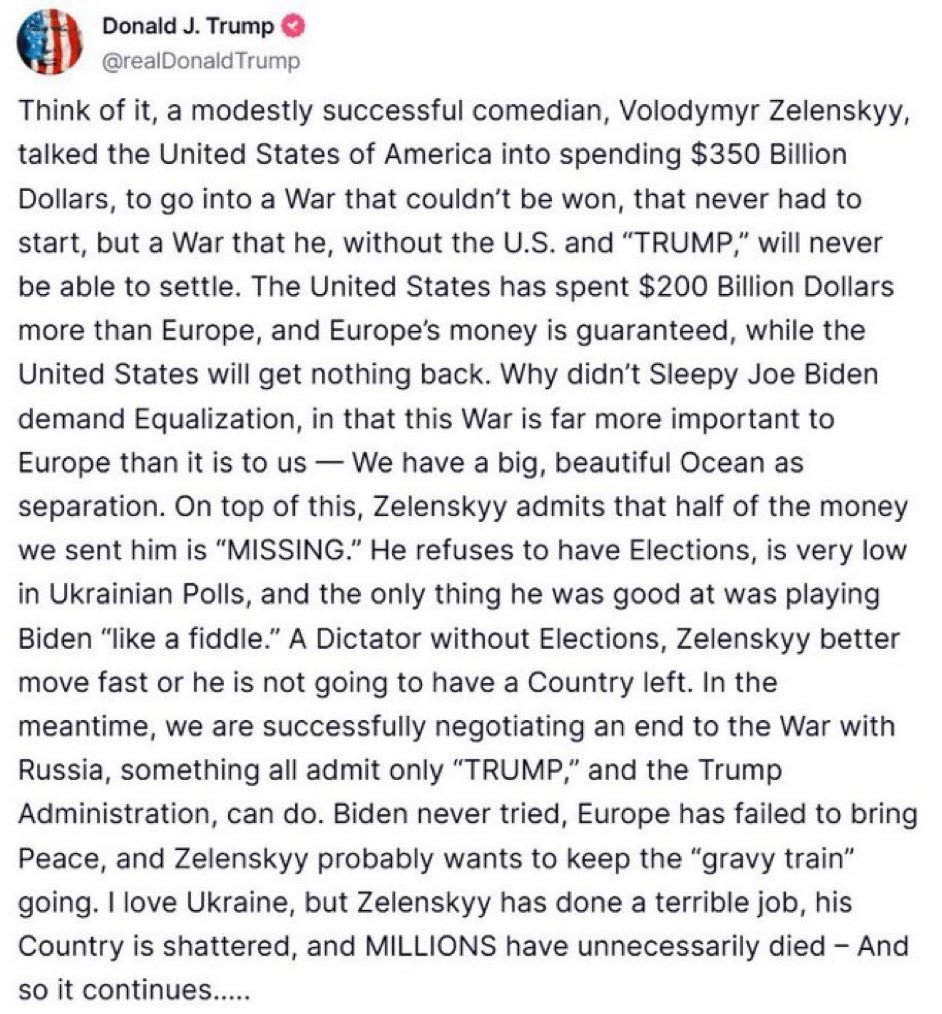 Captura del mensaje de Donald Trump sobre Zelenski publicado originalmente el 19 de febrero de 2025