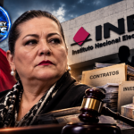 Ilustración editorial generada con inteligencia artificial sobre Guadalupe Taddei, el INE y las investigaciones de contratos; no representa hechos delictivos comprobados.