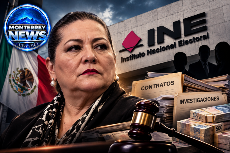 Ilustración editorial generada con inteligencia artificial sobre Guadalupe Taddei, el INE y las investigaciones de contratos; no representa hechos delictivos comprobados.