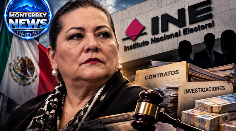 Ilustración editorial generada con inteligencia artificial sobre Guadalupe Taddei, el INE y las investigaciones de contratos; no representa hechos delictivos comprobados.