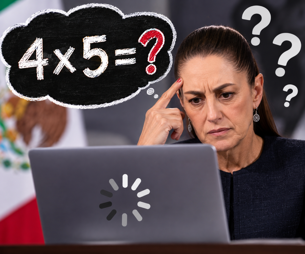Ilustración editorial satírica de Claudia Sheinbaum ante una computadora, con la operación 4 por 5 y un signo de interrogación
