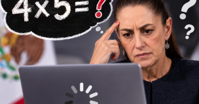 Ilustración editorial satírica de Claudia Sheinbaum ante una computadora, con la operación 4 por 5 y un signo de interrogación