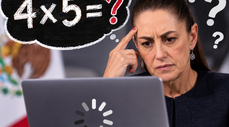 Ilustración editorial satírica de Claudia Sheinbaum ante una computadora, con la operación 4 por 5 y un signo de interrogación