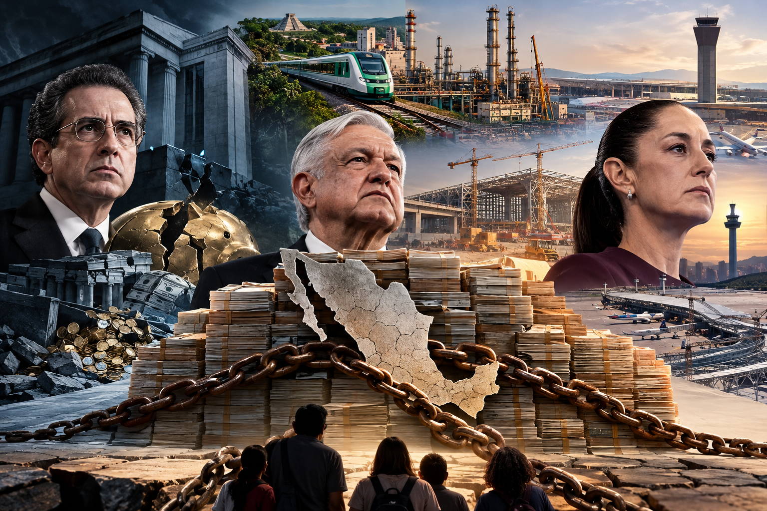 Ilustración editorial de la deuda pública de México, rescate bancario y proyectos de infraestructura