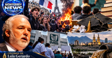 Composición editorial de Monterrey News sobre protestas estudiantiles, educación y servicios públicos, con retrato de Luis Gerardo Treviño García