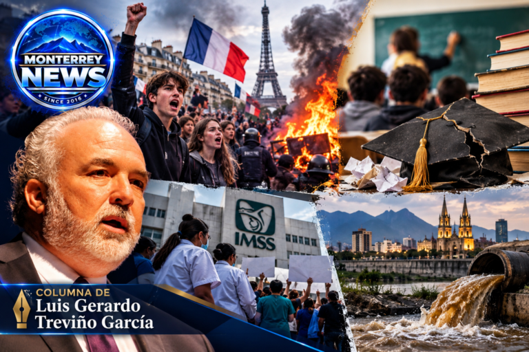 Composición editorial de Monterrey News sobre protestas estudiantiles, educación y servicios públicos, con retrato de Luis Gerardo Treviño García