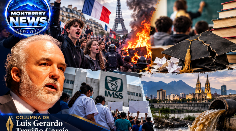 Composición editorial de Monterrey News sobre protestas estudiantiles, educación y servicios públicos, con retrato de Luis Gerardo Treviño García