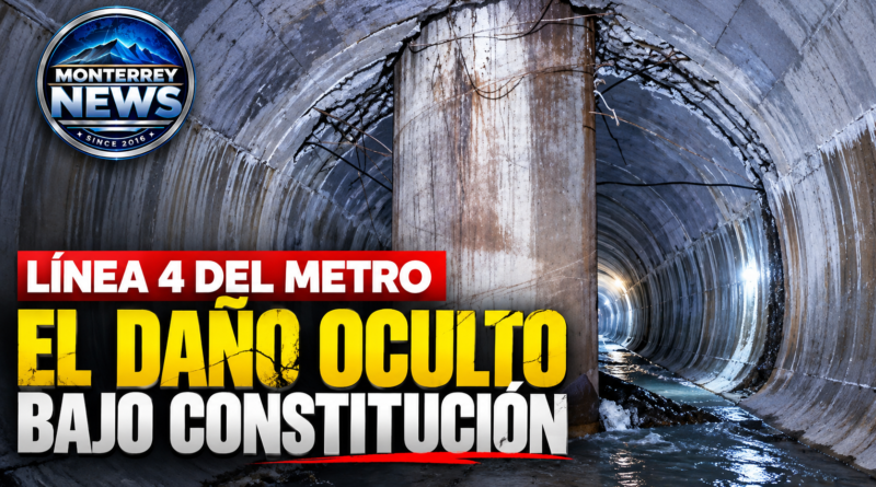 Ilustración generada con inteligencia artificial del colector pluvial y un pilote de concreto; portada editorial de la investigación sobre la Línea 4 del Metro de Monterrey