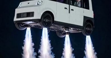 Meme satírico de una camioneta Olinia con cohetes como si pudiera volar; montaje humorístico, no fotografía real