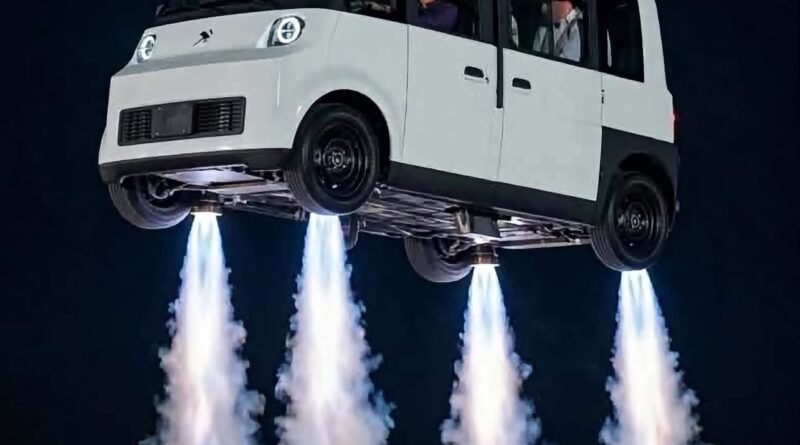 Meme satírico de una camioneta Olinia con cohetes como si pudiera volar; montaje humorístico, no fotografía real