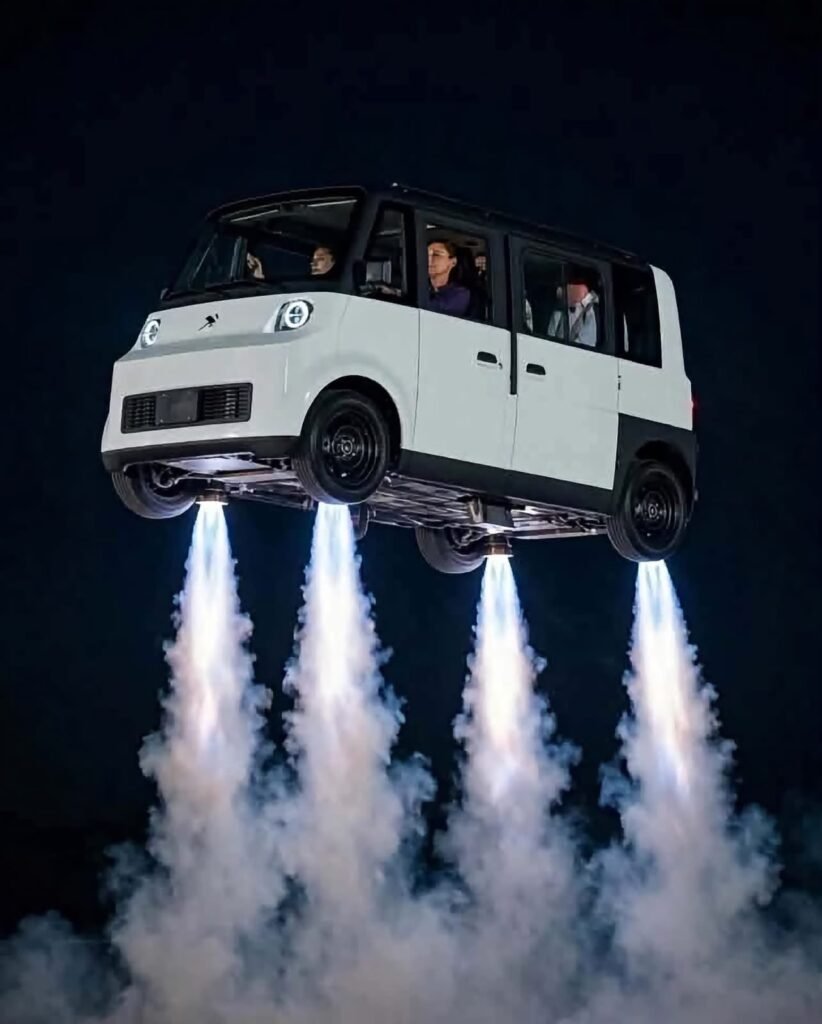 Meme satírico de una camioneta Olinia con cohetes como si pudiera volar; montaje humorístico, no fotografía real