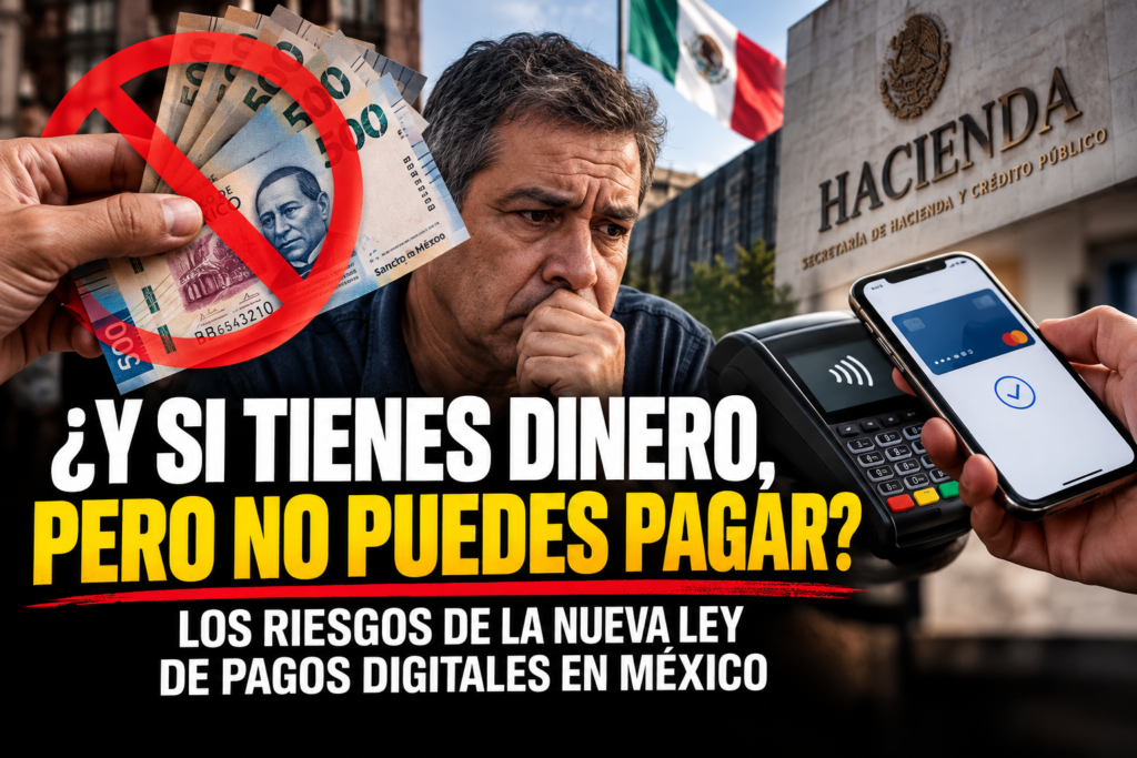 Ilustración editorial sobre los riesgos de los pagos digitales y las dificultades para pagar en efectivo en México