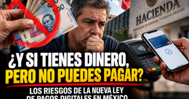 Ilustración editorial sobre los riesgos de los pagos digitales y las dificultades para pagar en efectivo en México