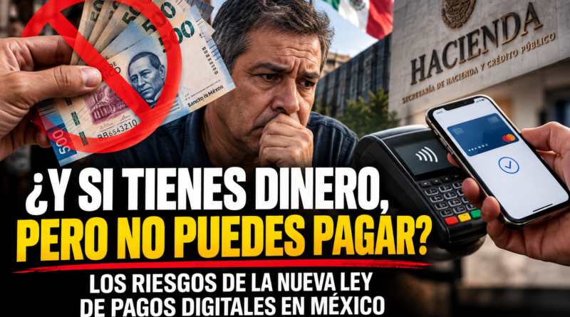 Ilustración editorial sobre los riesgos de los pagos digitales y las dificultades para pagar en efectivo en México