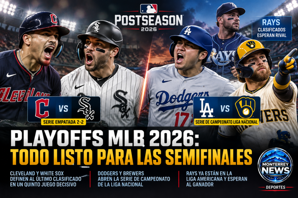 Ilustración editorial de los playoffs MLB 2026: Guardians contra White Sox y Dodgers contra Brewers, con Tampa Bay clasificado.