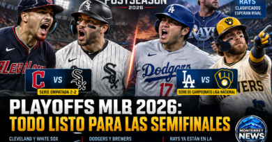 Ilustración editorial de los playoffs MLB 2026: Guardians contra White Sox y Dodgers contra Brewers, con Tampa Bay clasificado.
