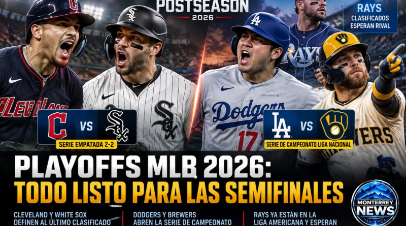 Ilustración editorial de los playoffs MLB 2026: Guardians contra White Sox y Dodgers contra Brewers, con Tampa Bay clasificado.