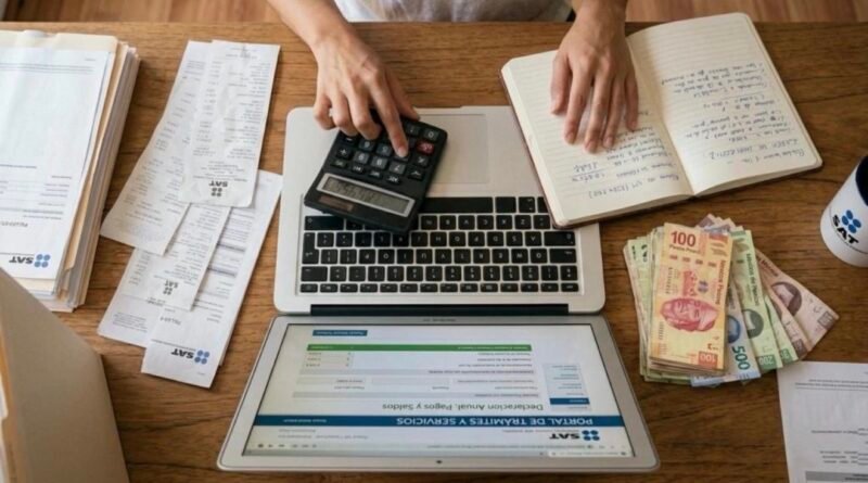 Mesa con calculadora, comprobantes y billetes mexicanos; imagen ilustrativa sobre registros y gastos, no evidencia de irregularidades.