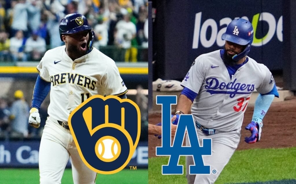 Composición fotográfica de beisbolistas con uniformes de Milwaukee Brewers y Los Angeles Dodgers junto a los emblemas de ambos equipos