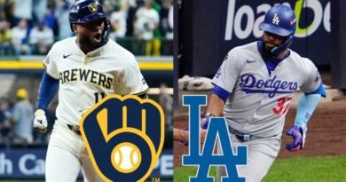 Composición fotográfica de beisbolistas con uniformes de Milwaukee Brewers y Los Angeles Dodgers junto a los emblemas de ambos equipos
