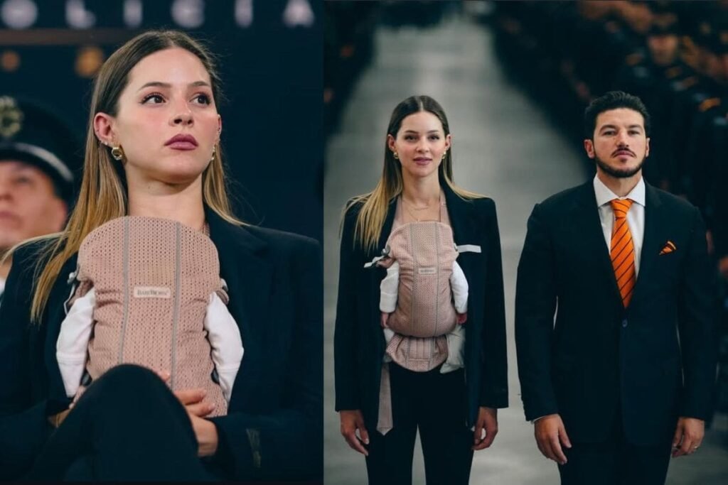 Montaje de dos fotografías: una mujer con un bebé en portabebés y, a la derecha, una pareja caminando junto a un bebé