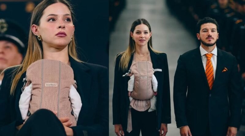 Montaje de dos fotografías: una mujer con un bebé en portabebés y, a la derecha, una pareja caminando junto a un bebé