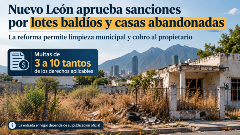 Ilustración editorial generada con IA de un terreno baldío y vivienda desocupada en Nuevo León, referente a la reforma aprobada sobre limpieza y sanciones.